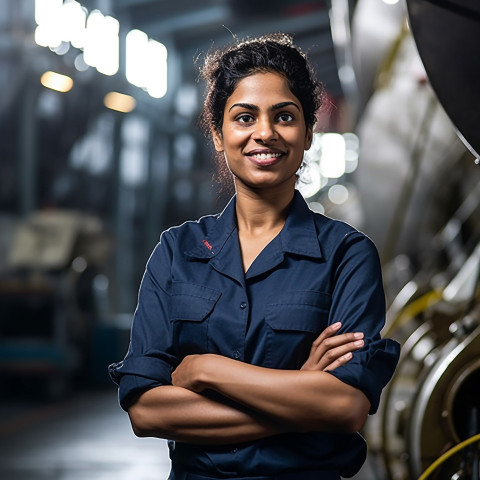 Cheerful Indian woman ship captain working on blurred background Cheerful Indian woman ship captain working on blurred background