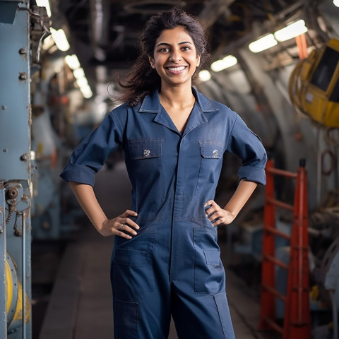 Cheerful Indian woman ship captain working on blurred background Cheerful Indian woman ship captain working on blurred background