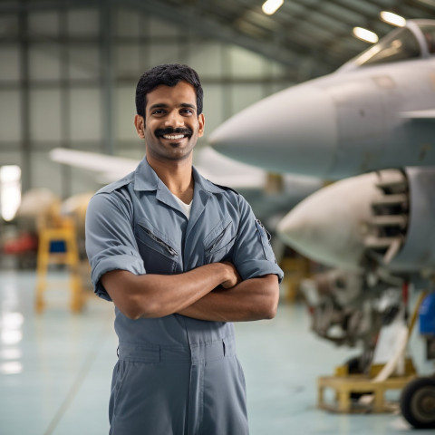 Happy Indian aircraft mechanic fixing plane in workshop on blurred background Happy Indian aircraft mechanic fixing plane in workshop on blurred background