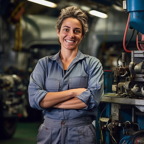 Cheerful female truck mechanic repairs vehicle on blurred background Cheerful female truck mechanic repairs vehicle on blurred background