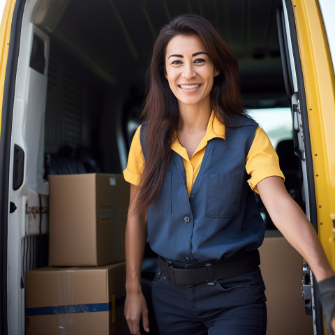 Cheerful female courier delivering packages against on blurred background Cheerful female courier delivering packages against on blurred background
