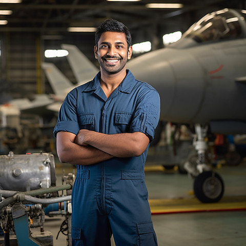 Happy Indian aircraft mechanic fixing plane in workshop on blurred background Happy Indian aircraft mechanic fixing plane in workshop on blurred background