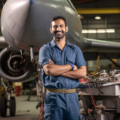 Happy Indian aircraft mechanic fixing plane in workshop on blurred background Happy Indian aircraft mechanic fixing plane in workshop on blurred background