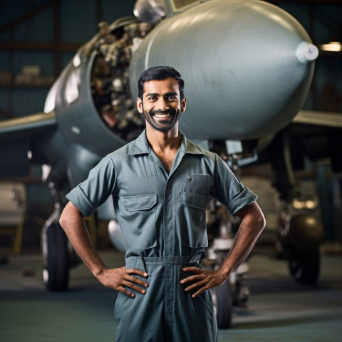 Happy Indian aircraft mechanic fixing plane in workshop on blurred background Happy Indian aircraft mechanic fixing plane in workshop on blurred background