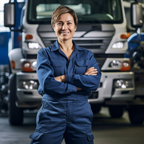Cheerful female truck mechanic repairs vehicle on blurred background Cheerful female truck mechanic repairs vehicle on blurred background