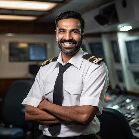 Happy Indian ship captain working on boat a blurred background Happy Indian ship captain working on boat a blurred background