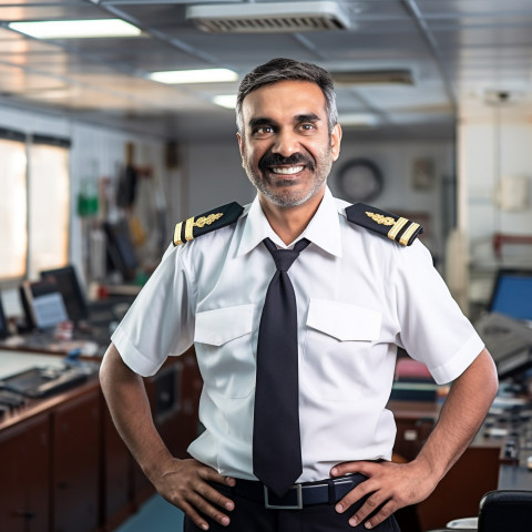 Happy Indian ship captain working on boat a blurred background Happy Indian ship captain working on boat a blurred background