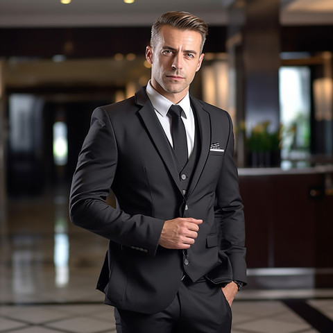 Confident concierge working on blurred background Confident concierge working on blurred background