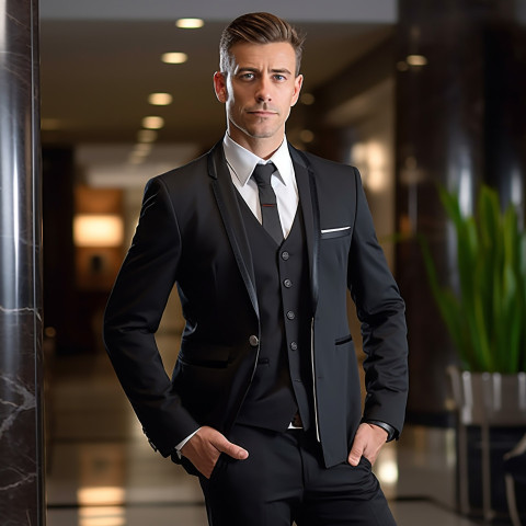 Confident concierge working on blurred background Confident concierge working on blurred background