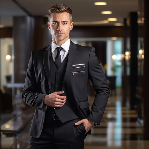 Confident concierge working on blurred background Confident concierge working on blurred background