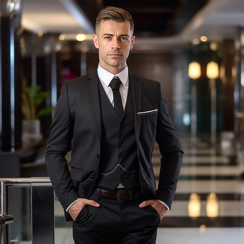 Confident concierge working on blurred background Confident concierge working on blurred background