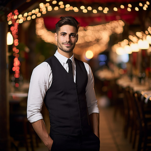 Smiling waiter working on blurred background Smiling waiter working on blurred background