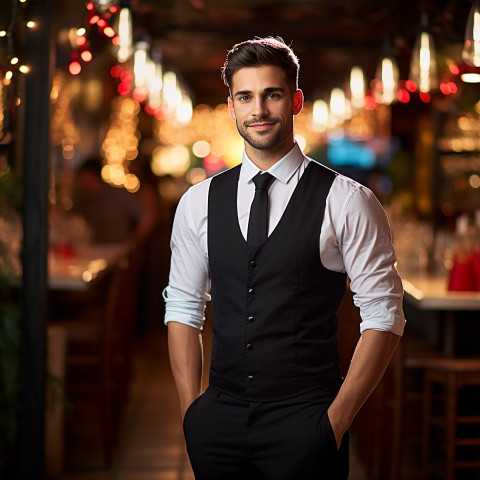 Smiling waiter working on blurred background Smiling waiter working on blurred background