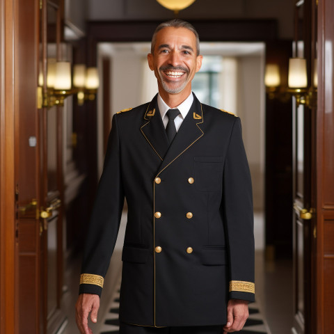 Smiling doorman at work blurred background