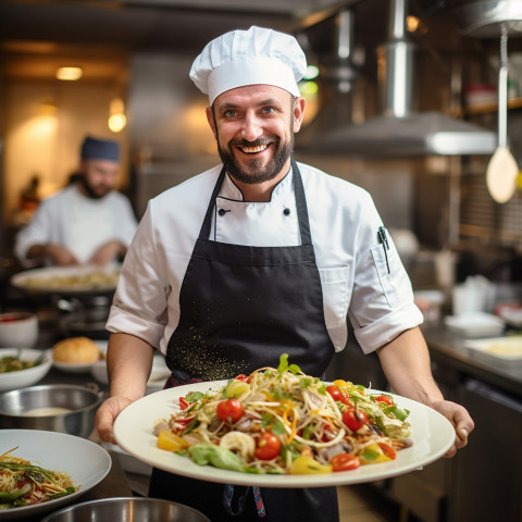 Smiling chef working in a blurred background Smiling chef working in a blurred background