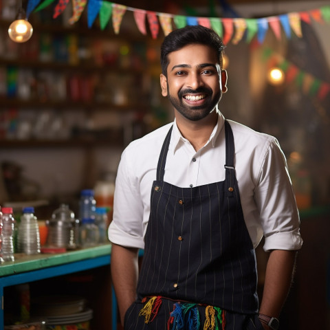 Indian waiter smiling at work in a blurred background Indian waiter smiling at work in a blurred background