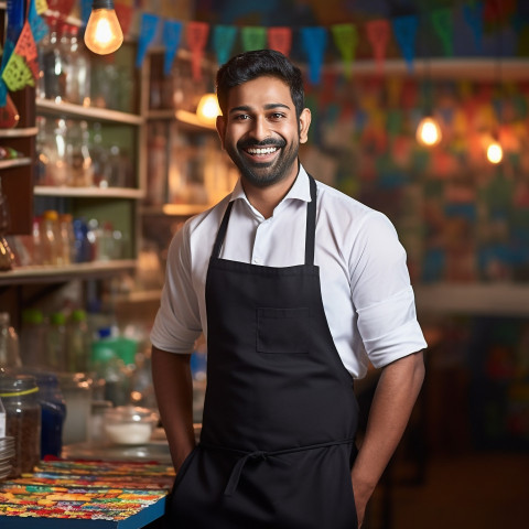 Indian waiter smiling at work in a blurred background Indian waiter smiling at work in a blurred background