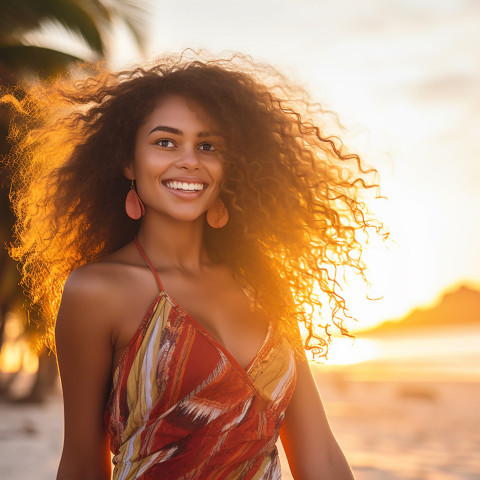 Gorgeous woman relaxing on a tropical beach at sunset Gorgeous woman relaxing on a tropical beach at sunset