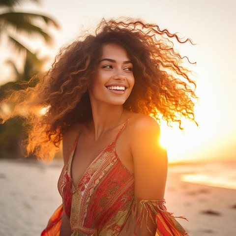 Gorgeous woman relaxing on a tropical beach at sunset Gorgeous woman relaxing on a tropical beach at sunset