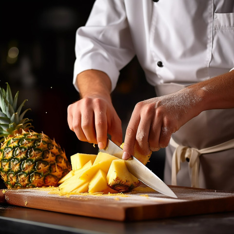 Bartender expertly cuts a juicy pineapple for a refreshing tropical drink Bartender expertly cuts a juicy pineapple for a refreshing tropical drink