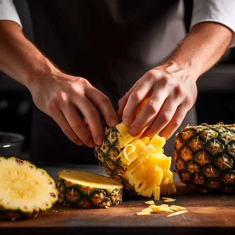 Bartender expertly cuts a juicy pineapple for a refreshing tropical drink Bartender expertly cuts a juicy pineapple for a refreshing tropical drink