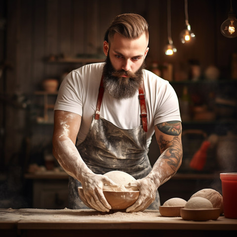 Handsome baker prepares homemade artisan bread Handsome baker prepares homemade artisan bread