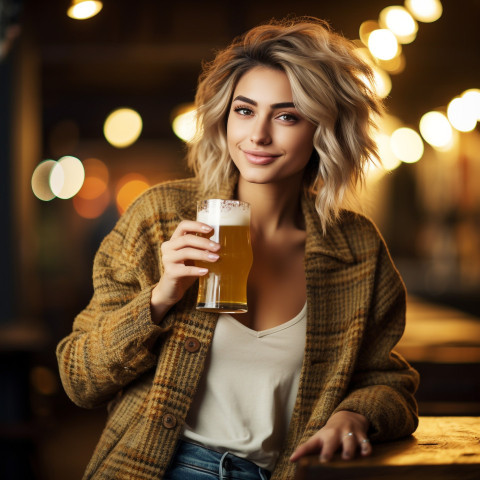 Stylish woman savors craft beer at popular brewery Stylish woman savors craft beer at popular brewery
