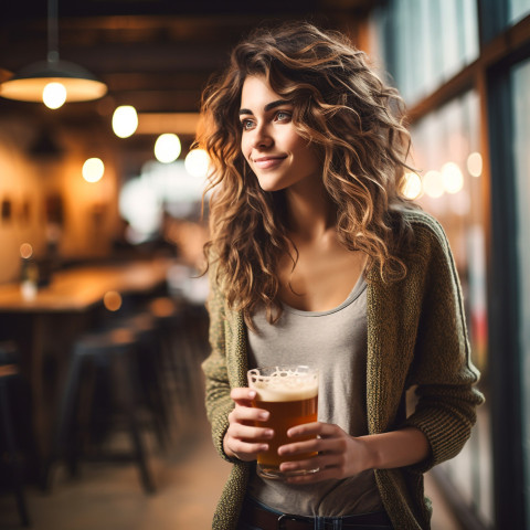 Stylish woman savors craft beer at popular brewery Stylish woman savors craft beer at popular brewery