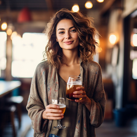 Stylish woman savors craft beer at popular brewery Stylish woman savors craft beer at popular brewery
