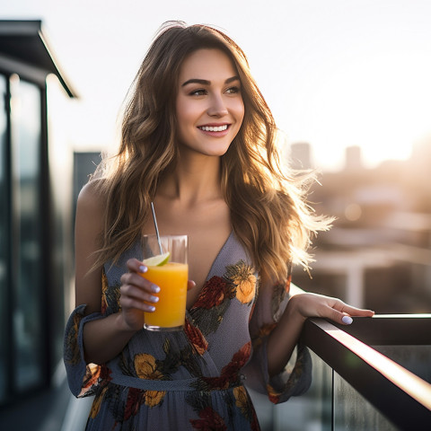 Elegant woman enjoying a refreshing cocktail at a rooftop bar Elegant woman enjoying a refreshing cocktail at a rooftop bar