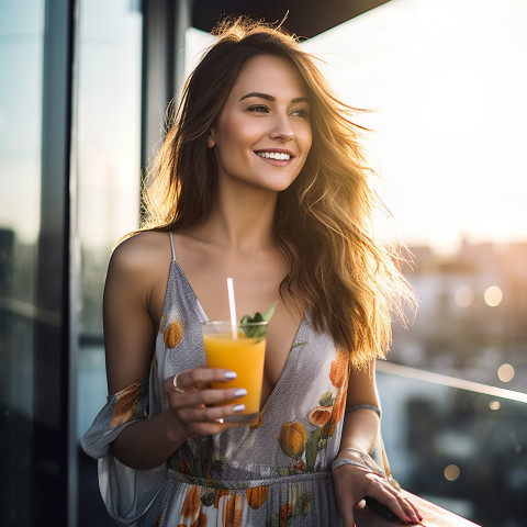 Elegant woman enjoying a refreshing cocktail at a rooftop bar Elegant woman enjoying a refreshing cocktail at a rooftop bar