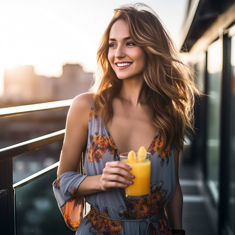 Elegant woman enjoying a refreshing cocktail at a rooftop bar Elegant woman enjoying a refreshing cocktail at a rooftop bar