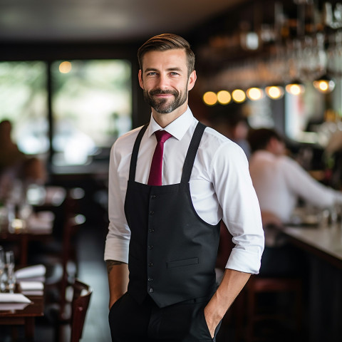 Assured restaurant manager overseeing operations in a bustling environment a blurred background Assured restaurant manager overseeing operations in a bustling environment a blurred background