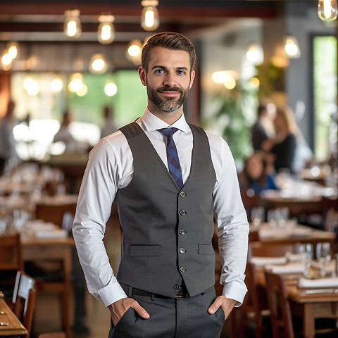 Assured restaurant manager overseeing operations in a bustling environment a blurred background Assured restaurant manager overseeing operations in a bustling environment a blurred background