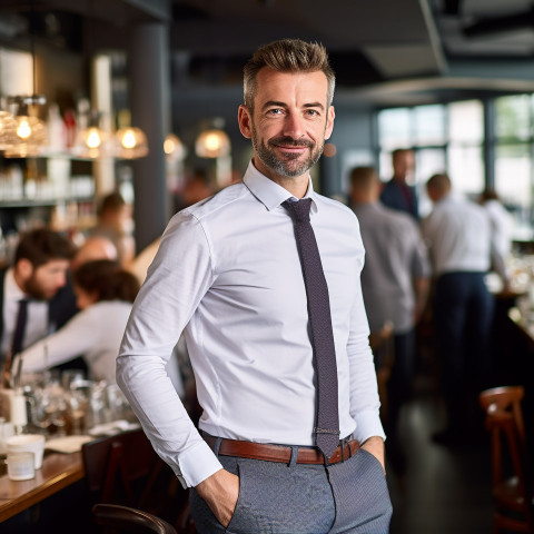 Assured restaurant manager overseeing operations in a bustling environment a blurred background Assured restaurant manager overseeing operations in a bustling environment a blurred background