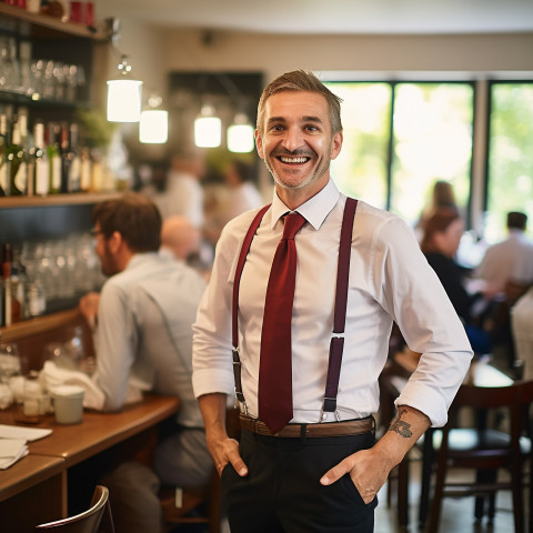 Approachable restaurant manager cheerfully working against a blurred background Approachable restaurant manager cheerfully working against a blurred background