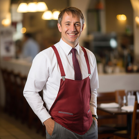 Approachable restaurant manager cheerfully working against a blurred background Approachable restaurant manager cheerfully working against a blurred background
