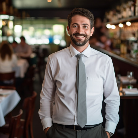 Approachable restaurant manager cheerfully working against a blurred background Approachable restaurant manager cheerfully working against a blurred background