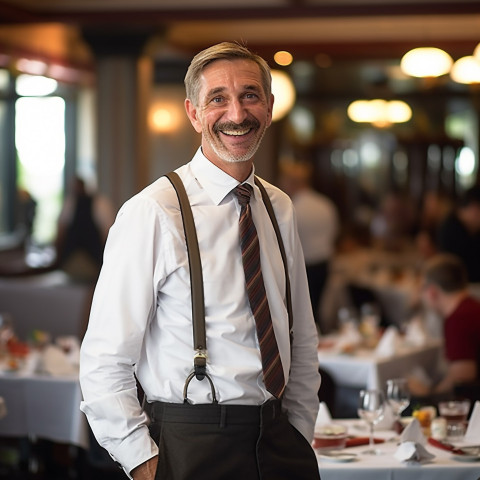 Approachable restaurant manager cheerfully working against a blurred background Approachable restaurant manager cheerfully working against a blurred background