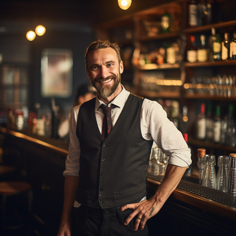 Cheerful bar manager greets customers with a warm smile on blurred background Cheerful bar manager greets customers with a warm smile on blurred background