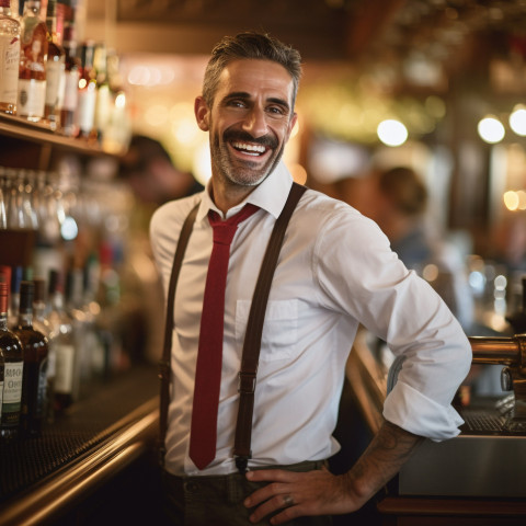 Cheerful bar manager greets customers with a warm smile on blurred background Cheerful bar manager greets customers with a warm smile on blurred background