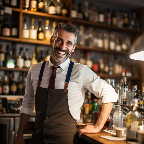 Cheerful bar manager greets customers with a warm smile on blurred background Cheerful bar manager greets customers with a warm smile on blurred background