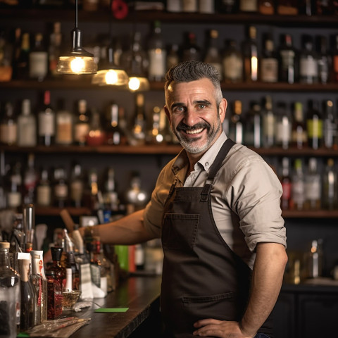 Cheerful bar manager greets customers with a warm smile on blurred background Cheerful bar manager greets customers with a warm smile on blurred background