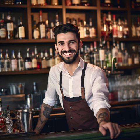 Cheerful bartender mixing drinks with a welcoming smile on blurred background Cheerful bartender mixing drinks with a welcoming smile on blurred background