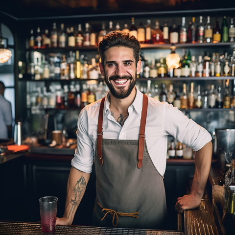 Cheerful bartender mixing drinks with a welcoming smile on blurred background Cheerful bartender mixing drinks with a welcoming smile on blurred background