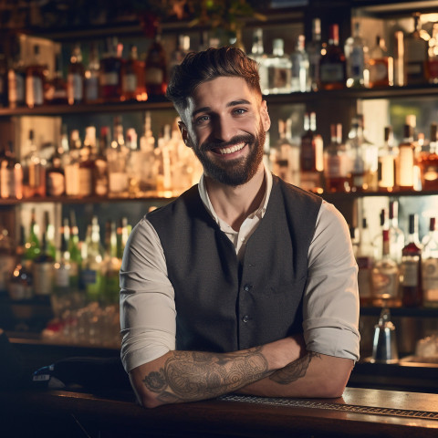 Cheerful bartender mixing drinks with a welcoming smile on blurred background Cheerful bartender mixing drinks with a welcoming smile on blurred background