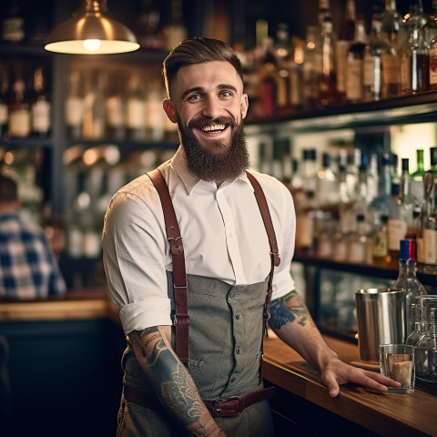 Cheerful bartender mixing drinks with a welcoming smile on blurred background Cheerful bartender mixing drinks with a welcoming smile on blurred background