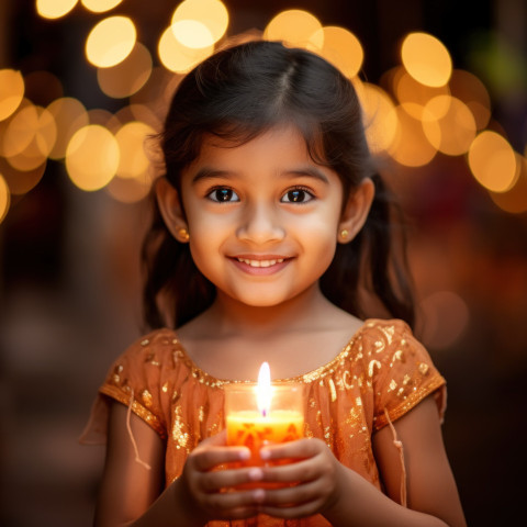 Smiling girl celebrates Diwali with lit candle Smiling girl celebrates Diwali with lit candle