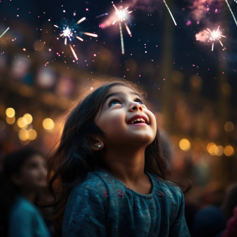 Young girl is amazed by brilliant fireworks show Young girl is amazed by brilliant fireworks show