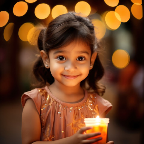 Smiling girl celebrates Diwali with lit candle Smiling girl celebrates Diwali with lit candle